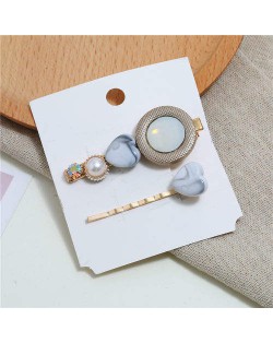 Gem Inlaid Elegant Korean Fashion Women Hair Barrette and Clip Combo - White