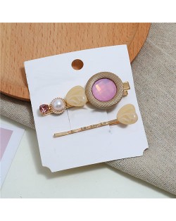Gem Inlaid Elegant Korean Fashion Women Hair Barrette and Clip Combo - Pink