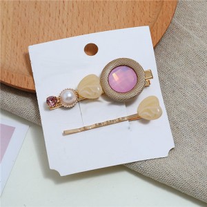 Gem Inlaid Elegant Korean Fashion Women Hair Barrette and Clip Combo - Pink
