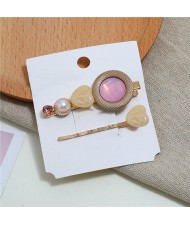 Gem Inlaid Elegant Korean Fashion Women Hair Barrette and Clip Combo - Pink