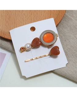Gem Inlaid Elegant Korean Fashion Women Hair Barrette and Clip Combo - Orange