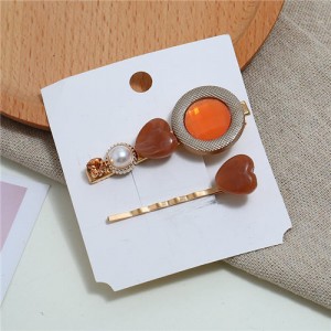 Gem Inlaid Elegant Korean Fashion Women Hair Barrette and Clip Combo - Orange
