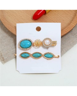 Artificial Turquoise Texture Graceful Korean Fashion Hair Barrette and Clip Combo - Teal