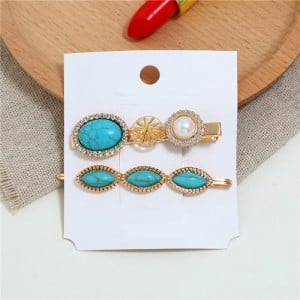 Artificial Turquoise Texture Graceful Korean Fashion Hair Barrette and Clip Combo - Teal