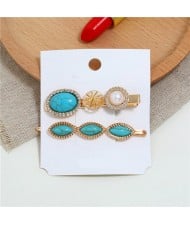 Artificial Turquoise Texture Graceful Korean Fashion Hair Barrette and Clip Combo - Teal