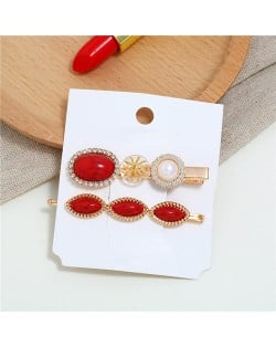 Artificial Turquoise Texture Graceful Korean Fashion Hair Barrette and Clip Combo - Red
