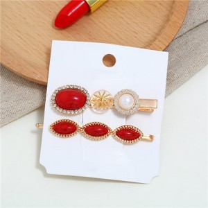 Artificial Turquoise Texture Graceful Korean Fashion Hair Barrette and Clip Combo - Red