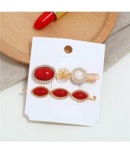 Artificial Turquoise Texture Graceful Korean Fashion Hair Barrette and Clip Combo - Red