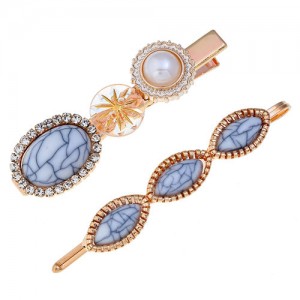 Artificial Turquoise Texture Graceful Korean Fashion Hair Barrette and Clip Combo - Gray