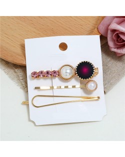 Rhinestone and Artificial Pearl Embellished Korean Fashion 3pcs Hair Barrette and Clips Combo - Rose