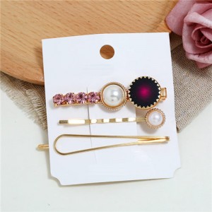 Rhinestone and Artificial Pearl Embellished Korean Fashion 3pcs Hair Barrette and Clips Combo - Rose