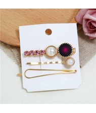 Rhinestone and Artificial Pearl Embellished Korean Fashion 3pcs Hair Barrette and Clips Combo - Rose