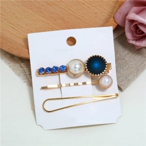 Rhinestone and Artificial Pearl Embellished Korean Fashion 3pcs Hair Barrette and Clips Combo - Blue
