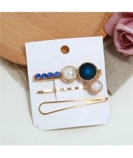Rhinestone and Artificial Pearl Embellished Korean Fashion 3pcs Hair Barrette and Clips Combo - Blue