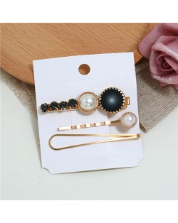 Rhinestone and Artificial Pearl Embellished Korean Fashion 3pcs Hair Barrette and Clips Combo - Black