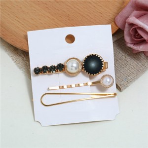 Rhinestone and Artificial Pearl Embellished Korean Fashion 3pcs Hair Barrette and Clips Combo - Black