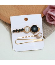 Rhinestone and Artificial Pearl Embellished Korean Fashion 3pcs Hair Barrette and Clips Combo - Black
