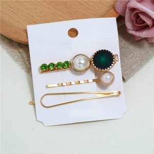 Rhinestone and Artificial Pearl Embellished Korean Fashion 3pcs Hair Barrette and Clips Combo - Green
