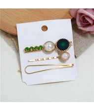 Rhinestone and Artificial Pearl Embellished Korean Fashion 3pcs Hair Barrette and Clips Combo - Green
