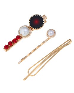 Rhinestone and Artificial Pearl Embellished Korean Fashion 3pcs Hair Barrette and Clips Combo - Red