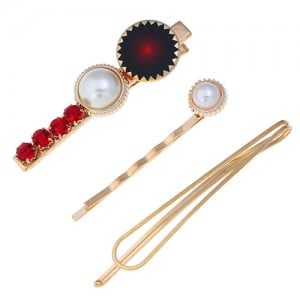 Rhinestone and Artificial Pearl Embellished Korean Fashion 3pcs Hair Barrette and Clips Combo - Red