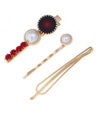 Rhinestone and Artificial Pearl Embellished Korean Fashion 3pcs Hair Barrette and Clips Combo - Red