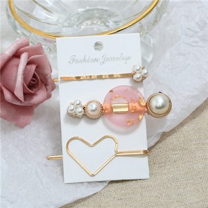 Graceful Heart Fashion 3pcs Hair Barrette and Clips Combo Set - Pink