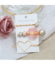 Graceful Heart Fashion 3pcs Hair Barrette and Clips Combo Set - Pink