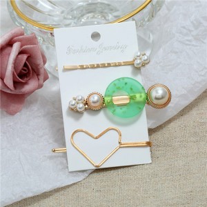 Graceful Heart Fashion 3pcs Hair Barrette and Clips Combo Set - Green