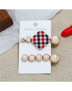 Checked Pattern Cloth Square Decorated 2pcs Women Hair Clips Combo Set - Red