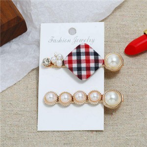 Checked Pattern Cloth Square Decorated 2pcs Women Hair Clips Combo Set - Red