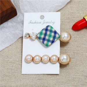 Checked Pattern Cloth Square Decorated 2pcs Women Hair Clips Combo Set - Green