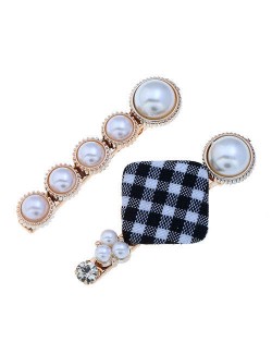 Checked Pattern Cloth Square Decorated 2pcs Women Hair Clips Combo Set - Black