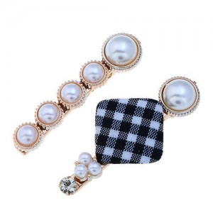Checked Pattern Cloth Square Decorated 2pcs Women Hair Clips Combo Set - Black