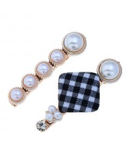 Checked Pattern Cloth Square Decorated 2pcs Women Hair Clips Combo Set - Black
