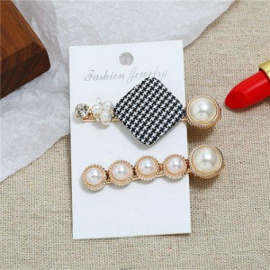 Small Lattice Pattern Cloth Square Decorated 2pcs Women Hair Clips Combo Set - Black