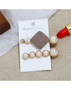 Small Lattice Pattern Cloth Square Decorated 2pcs Women Hair Clips Combo Set - Brown