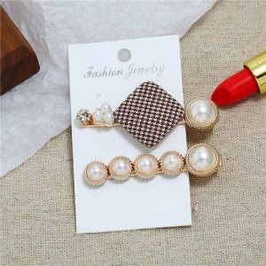 Small Lattice Pattern Cloth Square Decorated 2pcs Women Hair Clips Combo Set - Brown