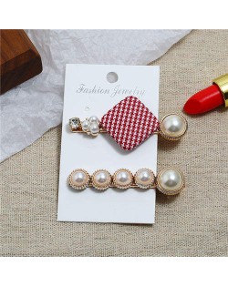 Small Lattice Pattern Cloth Square Decorated 2pcs Women Hair Clips Combo Set - Red