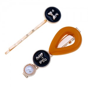 Vintage Bowknot Design Korean Fashion 2pcs Women Hair Barrette and Clip Combo Set - Yellow