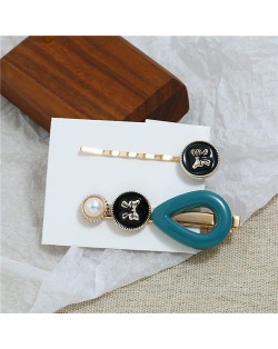 Vintage Bowknot Design Korean Fashion 3pcs Women Hair Barrette and Clip Combo Set - Teal