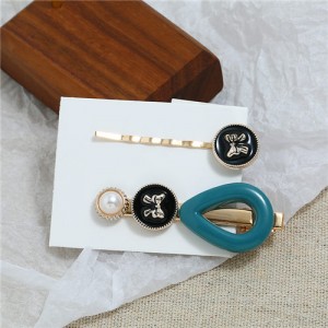 Vintage Bowknot Design Korean Fashion 3pcs Women Hair Barrette and Clip Combo Set - Teal