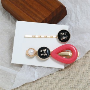 Vintage Bowknot Design Korean Fashion 4pcs Women Hair Barrette and Clip Combo Set - Pink