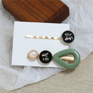 Vintage Bowknot Design Korean Fashion 2pcs Women Hair Barrette and Clip Combo Set - Green
