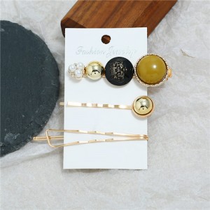 Vintage Crown Fashion 3pcs Women Hair Barrette and Clip Combo Set - Yellow