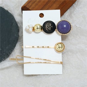 Vintage Crown Fashion 3pcs Women Hair Barrette and Clip Combo Set - Blue