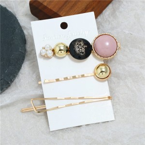 Vintage Crown Fashion 3pcs Women Hair Barrette and Clip Combo Set - Pink