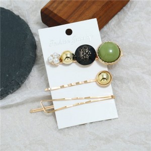 Vintage Crown Fashion 3pcs Women Hair Barrette and Clip Combo Set - Green