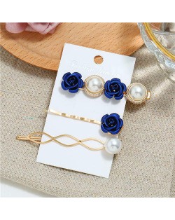 Korean High Fashion Rose and Pearl Style 3pcs Women Hair Barrette and Clip Combo Set - Blue