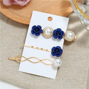Korean High Fashion Rose and Pearl Style 3pcs Women Hair Barrette and Clip Combo Set - Blue